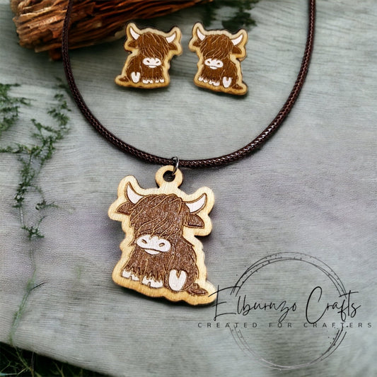 Scottish Highland cow necklace and stud earrings set- handmade in Scotland